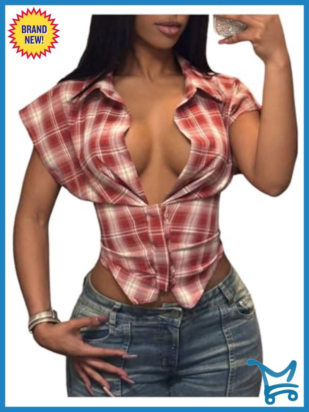 Plaid Cinched Waist Crop Top Short Dolman Sleeve V-Neck Blouse